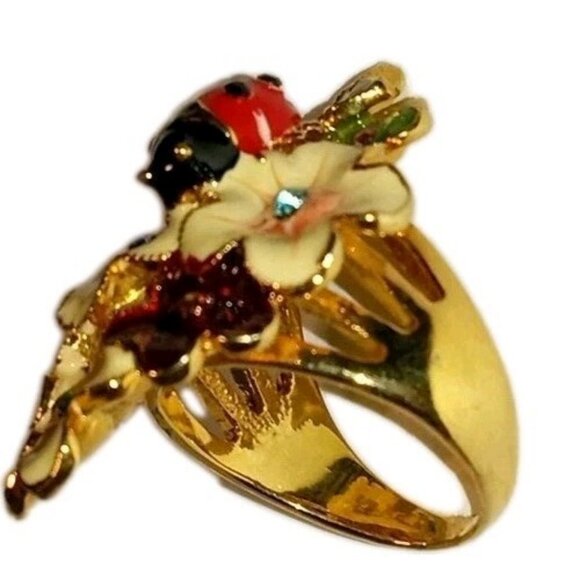 ALDO Size 9 Vintage Vibrant Floral Lady Bug Ring Gold Tone Enamel Rhinestone - Picture 7 of 7